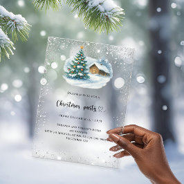 Invitaciones Acrílicas Fiesta de Navidad árbol de nieve plateado casa hel
