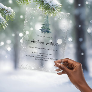 Invitaciones Acrílicas Fiesta de Navidad árbol de nieve plateado escarcha