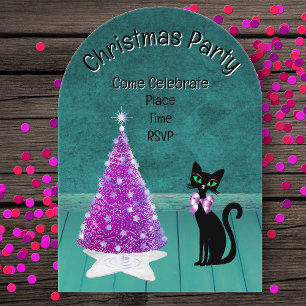 Invitaciones Acrílicas Fiesta de Navidad Árbol Rosa Gato Negro Sala Teal