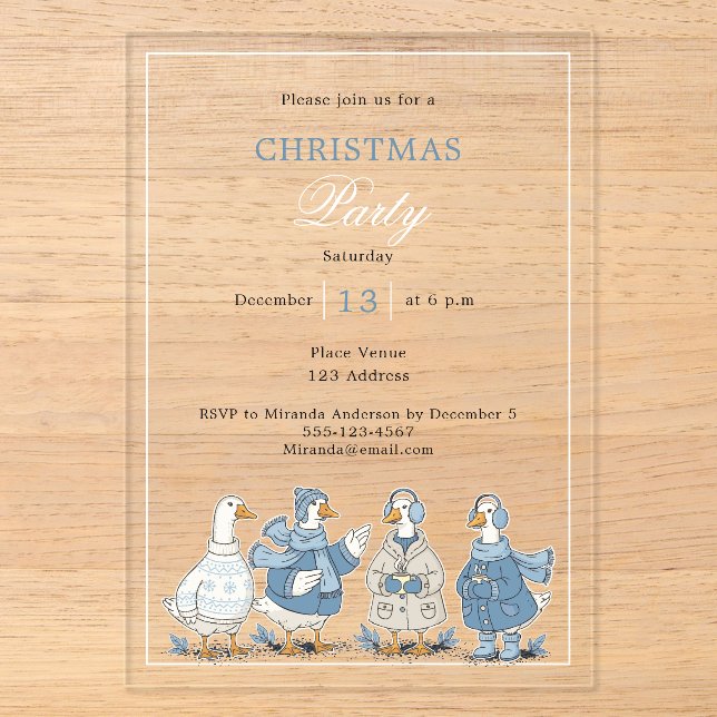 Invitaciones Acrílicas Fiesta de Navidad azul claro de ganso (Anverso)