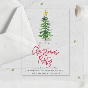 Invitaciones Acrílicas Fiesta de Navidad con árbol de pino acuarela