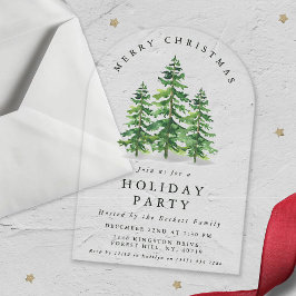 Invitaciones Acrílicas Fiesta de Navidad con bosque de pino acuarela