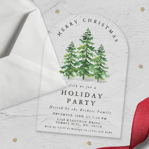 Invitaciones Acrílicas Fiesta de Navidad con bosque de pino acuarela