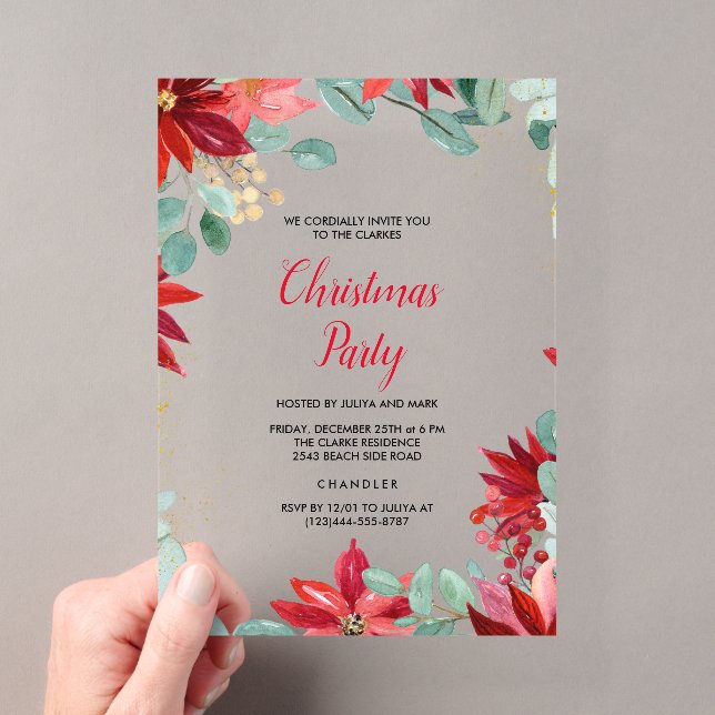 Invitaciones Acrílicas Fiesta de Navidad con Flores Rojas (Insitu (portátil))