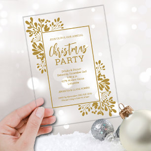 Invitaciones Acrílicas Fiesta de Navidad con Follaje de Oro Elegante
