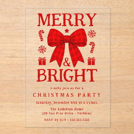 Invitaciones Acrílicas Fiesta de Navidad con Lazo de Gingham Rojo Alegre 