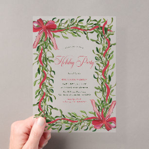 Invitaciones Acrílicas Fiesta de Navidad con Lazo Rojo de Muérdago Modern