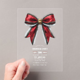 Invitaciones Acrílicas Fiesta de Navidad con Lazo Rojo Elegante Transpare