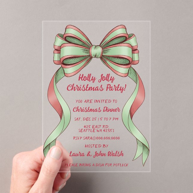 Invitaciones Acrílicas Fiesta de Navidad con Lazo Verde Rojo Dibujado a M (Insitu (portátil))