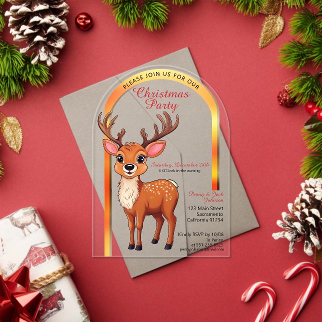 Invitaciones Acrílicas Fiesta de Navidad de renos lindos (Insitu (Vacaciones))