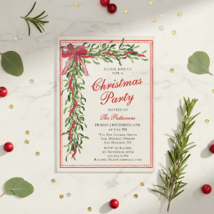 Invitaciones Acrílicas Fiesta de Navidad elegante con muérdago y lazo roj