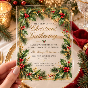Invitaciones Acrílicas Fiesta de Navidad elegante Holly Pine Gold