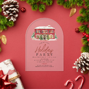 Invitaciones Acrílicas Fiesta de Navidad en Casa Roja de Invierno