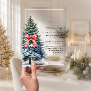 Invitaciones Acrílicas Fiesta de Navidad lazo de tartán rojo claro árbol