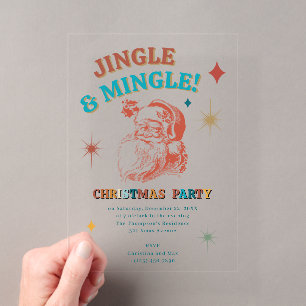 Invitaciones Acrílicas Fiesta de Navidad Retro Vintage Santa Jingle Mingl