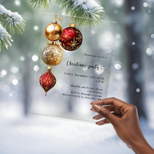 Invitaciones Acrílicas Fiesta de Navidades de baubles de oro rojo congela