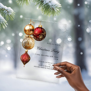 Invitaciones Acrílicas Fiesta de Navidades de baubles de oro rojo congela