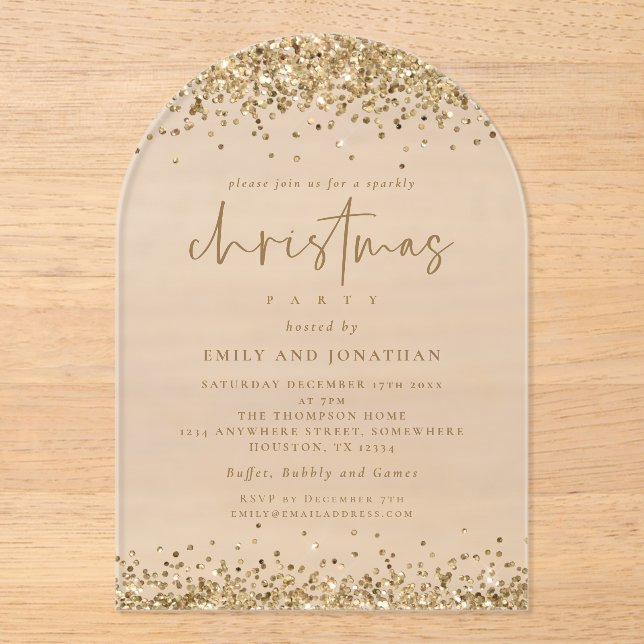 Invitaciones Acrílicas Fiesta de Navidades de Glam Gold Purpurina Borders (Anverso)