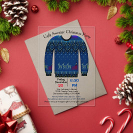 Invitaciones Acrílicas Fiesta de Navidades suéteres feos, azul con ciervo