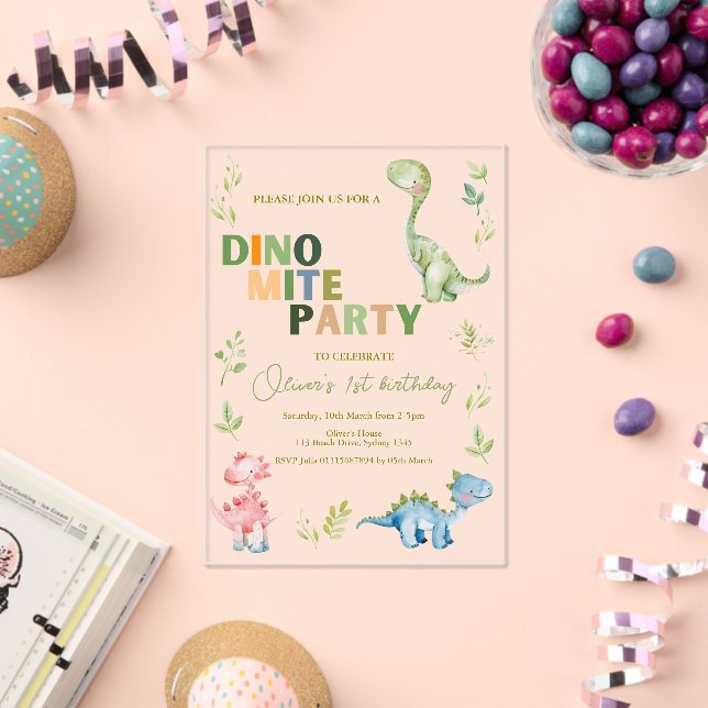 Invitaciones Acrílicas Fiesta de primer cumpleaños Dino-mite (Insitu (Celebración))