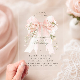 Invitaciones Acrílicas Fiesta de Quinceañera Rosa Coquette Lazo Rosa Flor