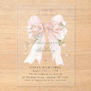 Invitaciones Acrílicas Fiesta de Quinceañera Rosa Coquette Lazo Rosa Flor