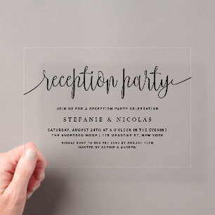 Invitaciones Acrílicas Fiesta de recepción de boda con caligrafía negra
