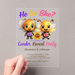 Invitaciones Acrílicas Fiesta de Revelación de Género Él o Ella Bebé Abej