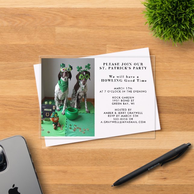 Invitaciones Acrílicas Fiesta de San Patricio, perros, foto de un Persona (Insitu (Tarjeta de Invitación))