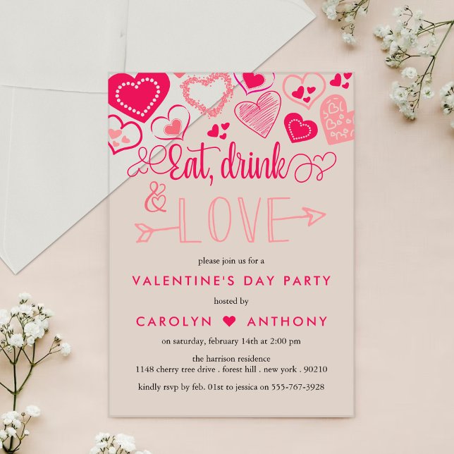 Invitaciones Acrílicas Fiesta de San Valentín "Come, Bebe & Ama" (Subido por el creador)