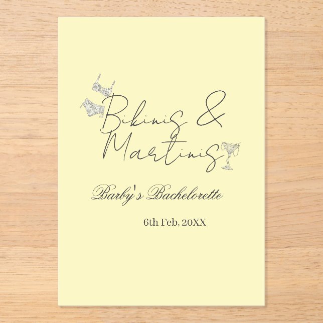 Invitaciones Acrílicas fiesta de soltera Bikins & Martinis amarillo retro (Anverso)