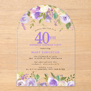 Invitaciones Acrílicas FIESTA DE SORPRESA Cumpleaños 40 Floral Púrpura Tr