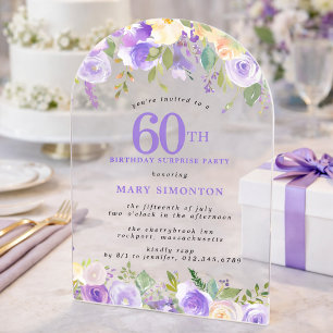 Invitaciones Acrílicas FIESTA DE SORPRESA Cumpleaños 60 Floral Púrpura Tr
