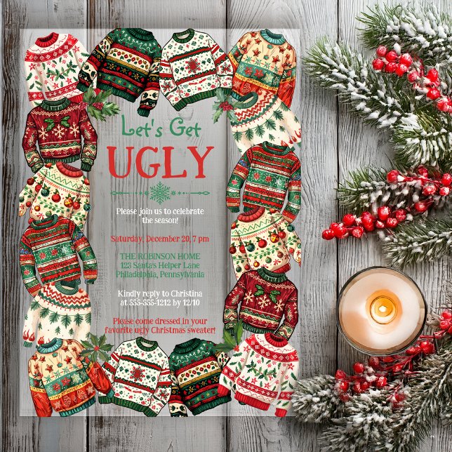 Invitaciones Acrílicas Fiesta de suéteres navideños feos Let's Get Ugly  ("Let's Get Ugly" Ugly Christmas Sweater Frame Holiday Party Acrylic Invitation)