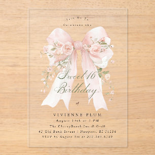 Invitaciones Acrílicas Fiesta de Sweet Sixteen Lazo Coquette Rosa Floral