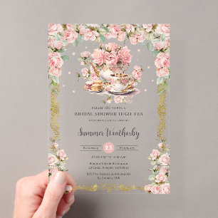 Invitaciones Acrílicas Fiesta de té alto floral rosa vintage para despedi