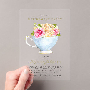 Invitaciones Acrílicas Fiesta de Té de Jubilación Botánico de Taza de Té