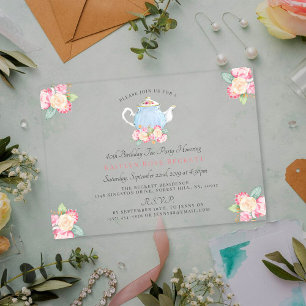 Invitaciones Acrílicas Fiesta de té floral con acuarela Cumpleaños