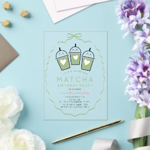 Invitaciones Acrílicas Fiesta de té Matcha Cumpleaños de niña con marco d