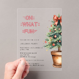 Invitaciones Acrílicas Fiesta del árbol de Navidad con lazo rojo festivo
