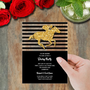 Invitaciones Acrílicas Fiesta del Derby con caballo de carreras dorado co