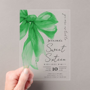 Invitaciones Acrílicas Fiesta Elegante Cumpleaños 16 con Lazo Verde Coque