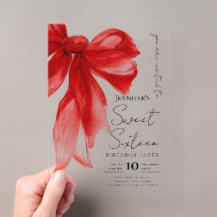 Invitaciones Acrílicas Fiesta Elegante Cumpleaños 16 Script Coquette Lazo