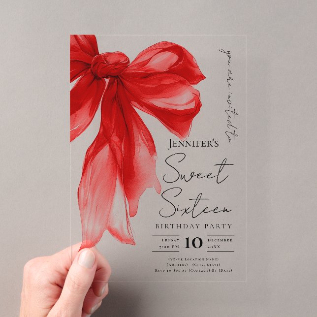 Invitaciones Acrílicas Fiesta Elegante Cumpleaños 16 Script Coquette Lazo (Insitu (portátil))