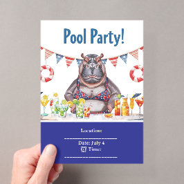 Invitaciones Acrílicas Fiesta en la piscina del 4 de julio con Hippo en b