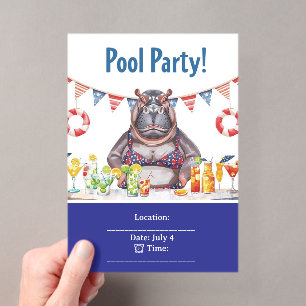 Invitaciones Acrílicas Fiesta en la piscina del 4 de julio con Hippo en b