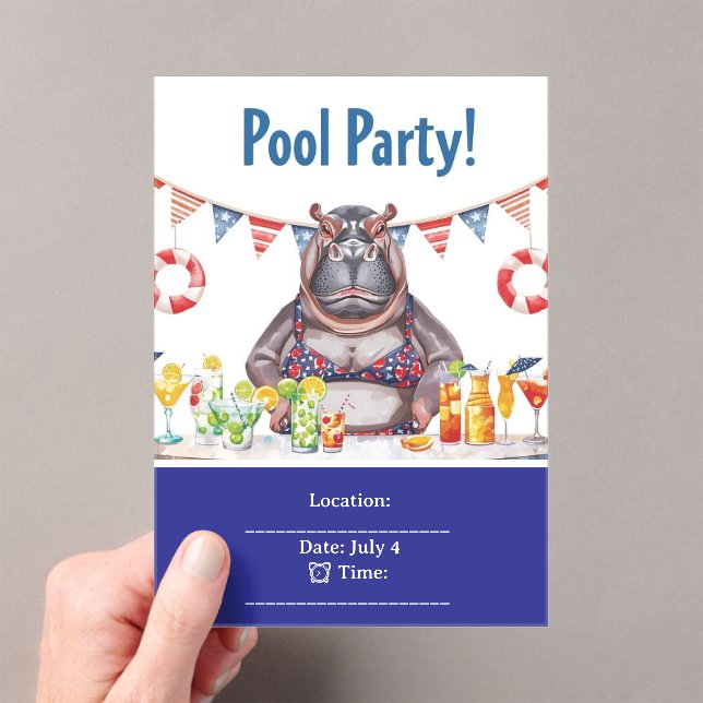 Invitaciones Acrílicas Fiesta en la piscina del 4 de julio con Hippo en b (Insitu (portátil))