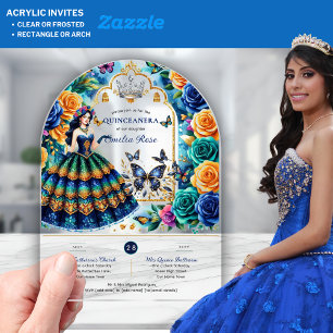 Invitaciones Acrílicas Fiesta Floral Butterflies QUINCEANERA Oro Azul