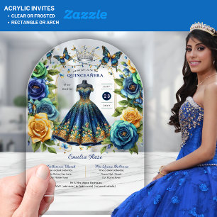 Invitaciones Acrílicas Fiesta Floral Butterflies QUINCEANERA Oro Azul
