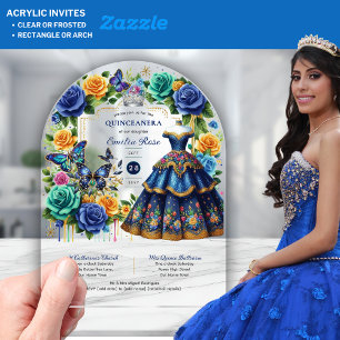 Invitaciones Acrílicas Fiesta Floral Butterflies QUINCEANERA Oro Azul